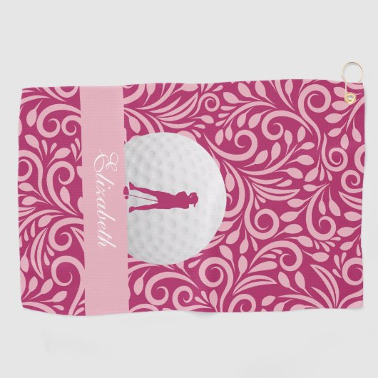 Golfer Lady Silhouette Roze Girly Custom Name Golfhanddoek (Horizontaal)