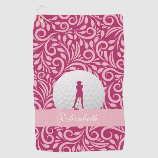 Golfer Lady Silhouette Roze Girly Custom Name Golfhanddoek (Voorkant)