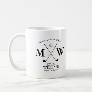 Golfer Naam Zwart Monogram op Wit Koffiemok
