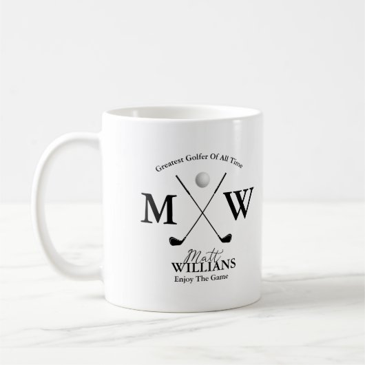 Golfer Naam Zwart Monogram op Wit Koffiemok (Links)