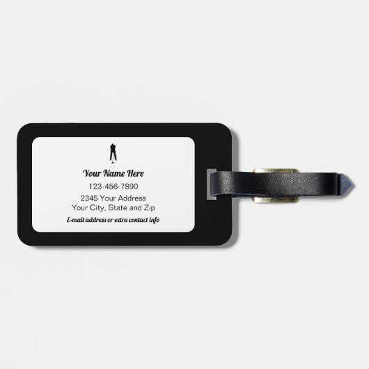 Golfer Personalized Name Modern Black & White Bagagelabel (Achterkant horizontaal)