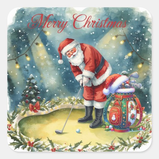 Golfer Santa Claus golf Vrolijk kerstfeest Vierkante Sticker (Voorkant)