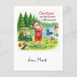 Golfer Santa Claus Golfen in Minnesota Lake uitzic Feestdagenkaart