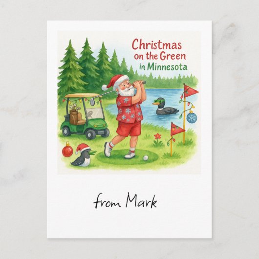 Golfer Santa Claus Golfen in Minnesota Lake uitzic Feestdagenkaart (Voorkant)