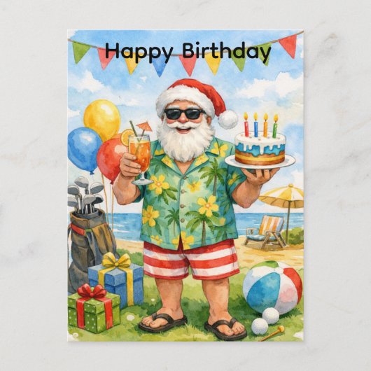Golfer Santa Hat hold Birthday Cake in Party  Briefkaart (Voorkant)