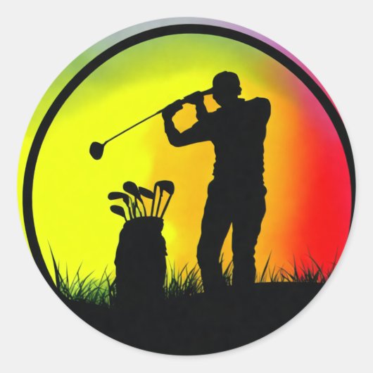 Golfer Silhouet Spelen Golf Bij Zonsondergang Ronde Sticker (Voorkant)