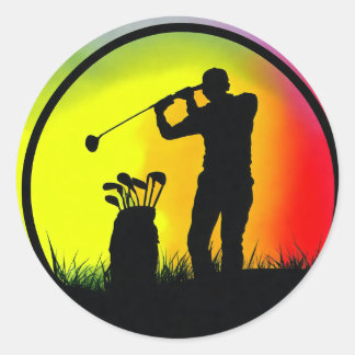 Golfer Silhouet Spelen Golf Bij Zonsondergang Ronde Sticker