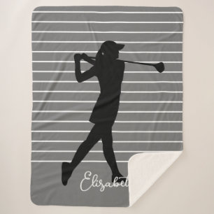 Golfer Silhouet Vrouw Monogram Naam Zwart Grijs  Sherpa Deken