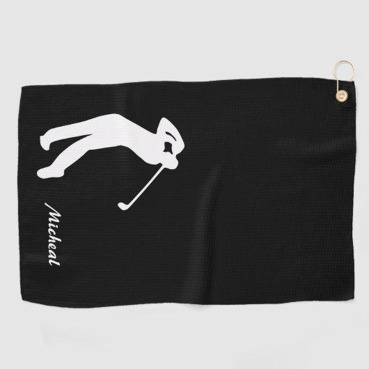Golfer Silhouette Black White Monogram Golfhanddoek (Horizontaal)