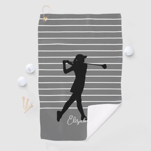 Golfer Silhouette Monogrammed Name Black Grey Golfhanddoek (Insitu)