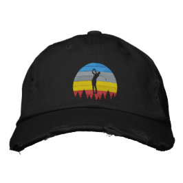 Golfer Silhouette Swing Retro Gestreepte Achtergro Geborduurde Pet