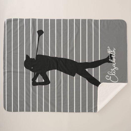 Golfer Silhouette Vrouw Monogram naam Black Grey Sherpa Deken (Voorkant (horizontaal))