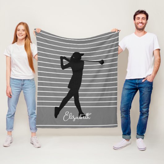Golfer Silhouette Vrouw Monogram naam grijs zwart Fleece Deken (In situ)