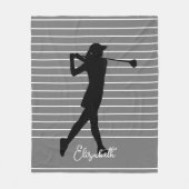 Golfer Silhouette Vrouw Monogram naam grijs zwart Fleece Deken (Voorkant)