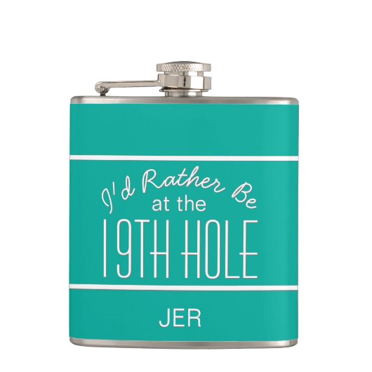 Golfer Sports Nineteenth Hole Monogram Blauwgroen Heupfles (Voorkant)