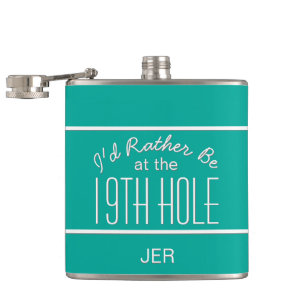 Golfer Sports Nineteenth Hole Monogram Blauwgroen Heupfles