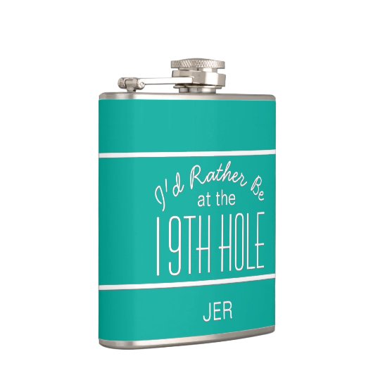 Golfer Sports Nineteenth Hole Monogram Blauwgroen Heupfles (Rechts)