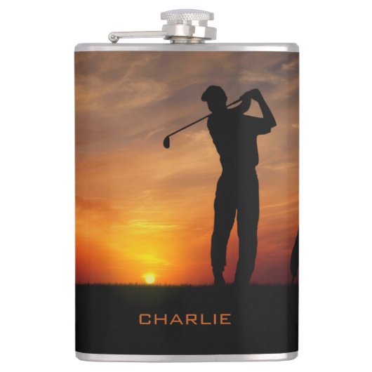 Golfer Sunset aangepaste naamkolf Heupfles (Voorkant)