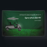 Golfer vrijgezellenfeest - Groene golfkar - Golfen Spandoek<br><div class="desc">Een opvallende en aanpasbare decoratie om uw feest naar een hoger niveau te tillen. Deze banner heeft een strak design met een coole illustratie van een golfkar tegen een zonnige groene golfbaanachtergrond, die de essentie van de sport op een kalmerende en klassieke manier vastlegt. De sfeer zal zowel verfijnd als...</div>