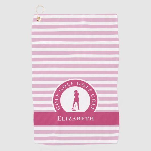 Golfer Vrouw Golf Silhouette Monogram Naam Roze Golfhanddoek (Voorkant)
