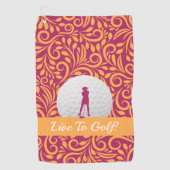 Golfer Vrouwelijke Lady Silhouette Roze Sinaasappe Golfhanddoek (Voorkant)