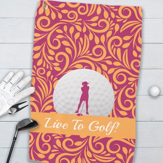 Golfer Vrouwelijke Lady Silhouette Roze Sinaasappe Golfhanddoek