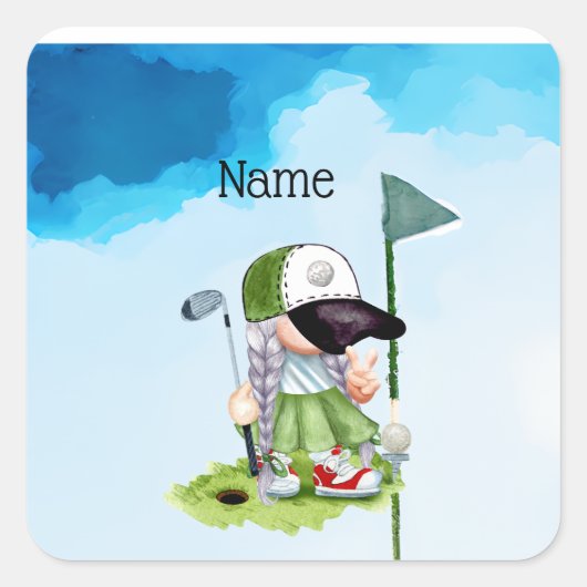 Golfer-waterverf op groen gras met blauw hemelwate vierkante sticker (Voorkant)