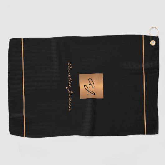 Golfer zwart goud moderne monogrammed naam elegant golfhanddoek (Horizontaal)