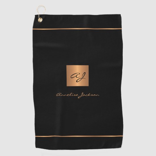 Golfer zwart goud moderne monogrammed naam elegant golfhanddoek (Voorkant)