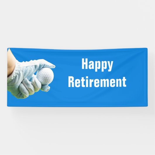 Golferhand houdt golfbal vast aan blauwe banner (Horizontaal)