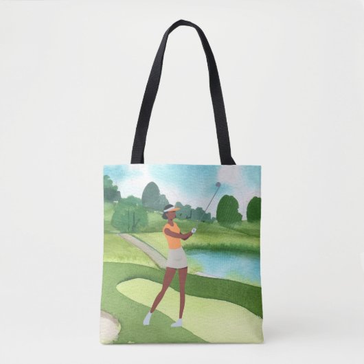 Golfervrouw golft op groene grasblauwe hemel tote bag (Voorkant)