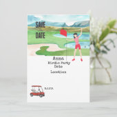 Golfervrouw met rode golfkar op groene spaardatum kaart (Staand voorkant)