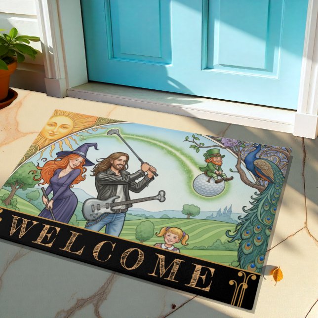 Golffamilie met Heks, Rockstar, Leprechaun / Kunst Deurmat (Modern Golf Family House Doormat)