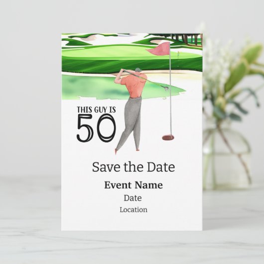 Golffeest 50e verjaardag Save the Date voor golfer Kaart (Staand voorkant)