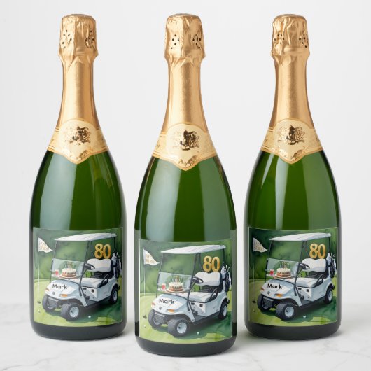 Golffeest 80e verjaardag met golfkar op groen sparkling wijnetiket (Flessen)