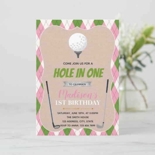 Golfgat in een uitnodiging voor een verjaardagsfee (Staand voorkant)