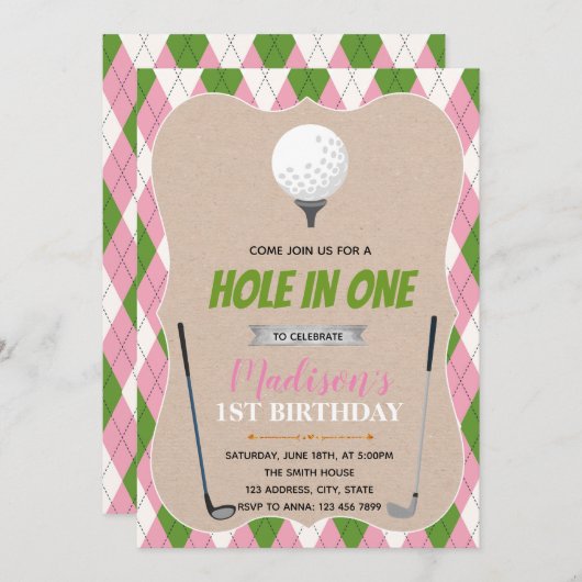 Golfgat in een uitnodiging voor een verjaardagsfee (Voorkant / Achterkant)