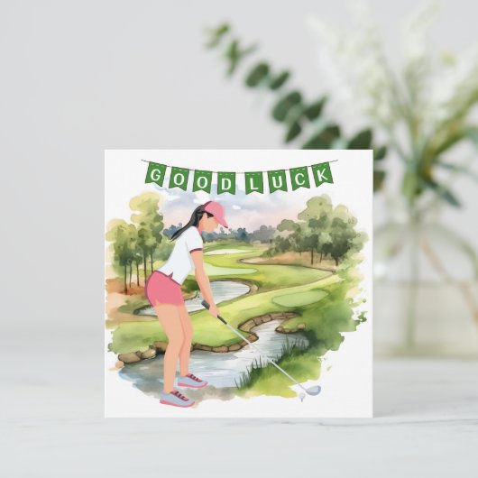 Golfgroet golfbal veel succes voor dame golfer (Staand voorkant)