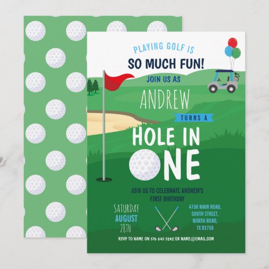 Golfhole in One First Birthday Invite Fun Kaart (Voorkant / Achterkant)