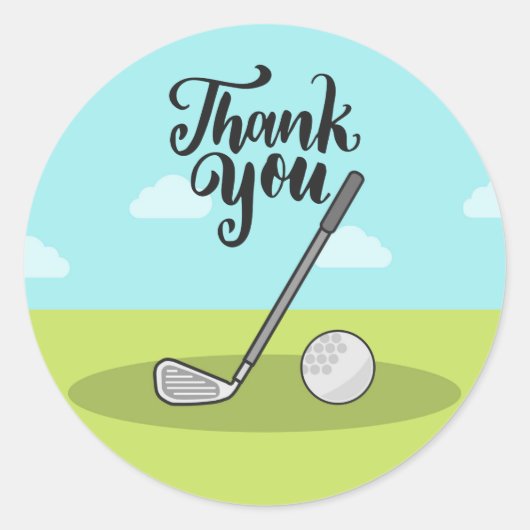 Golfijzer en bal op groene blauwe achtergrond ronde sticker (Voorkant)