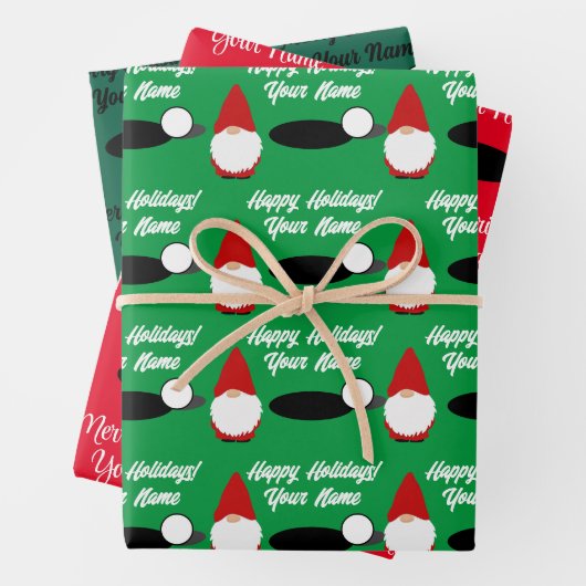 Golfing Christmas gnome wrapping paper sheets (In situ)