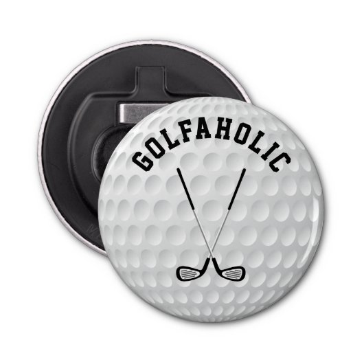 Golfing kruisende clubs aangepaste tekst golfbal button flesopener (Voorkant)