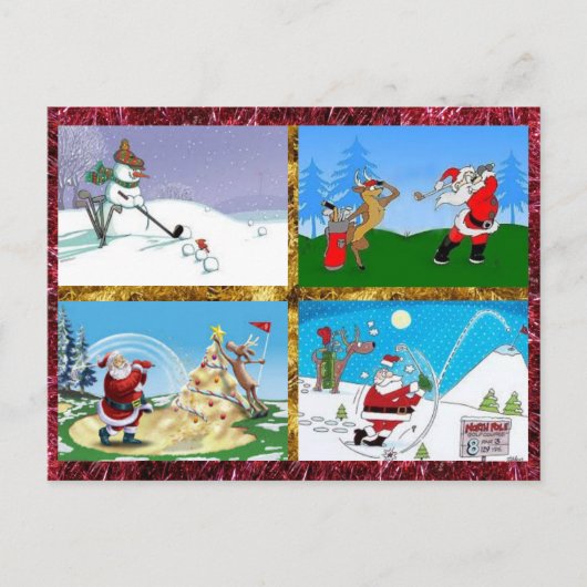 Golfing Santas op een Briefkaart (Voorkant)