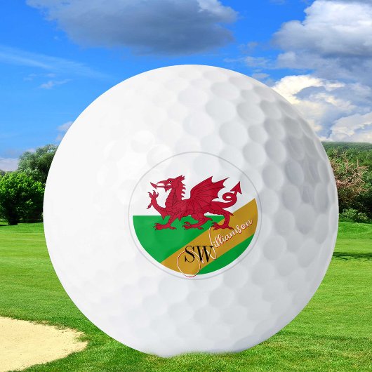 Golfing Wales & Monogram, Welsh Flag /golden Golfballen