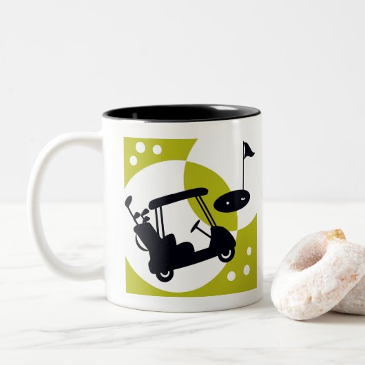 Golfkar, clubs, & greens tweekleurige koffiemok (Met donut)