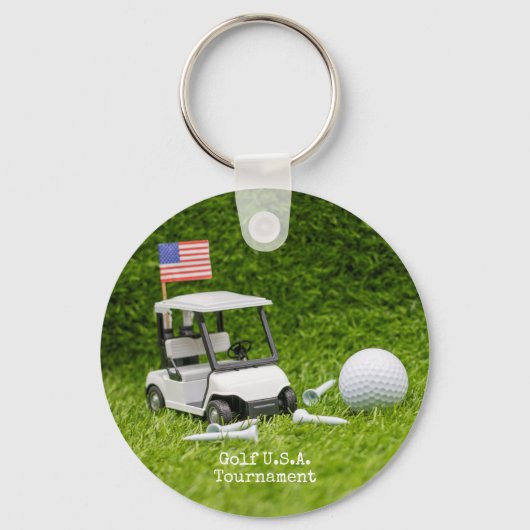 Golfkar en bal met vlag van Amerika Sleutelhanger (Voorkant)