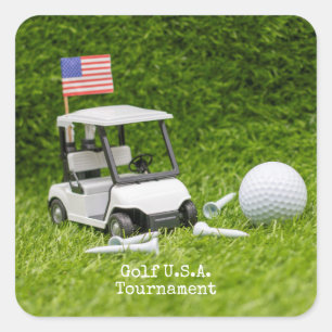 Golfkar en bal met vlag van Amerika Vierkante Sticker