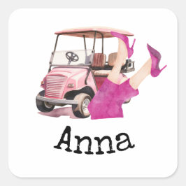 Golfkar en roze hoge hak schoenen vrouw golfer vierkante sticker