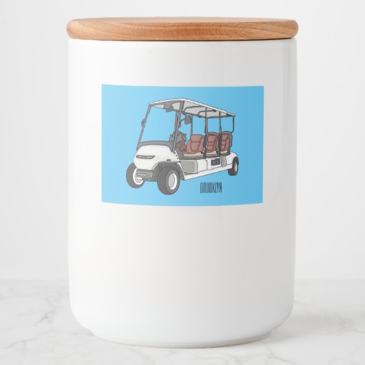 Golfkar / golfbuggy cartoon illustratie voedselcontainer etiket (Voorkant)