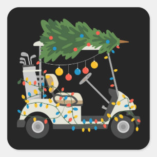 Golfkar Kerstboom Lichtjes Kerst Sport Golfer Vierkante Sticker